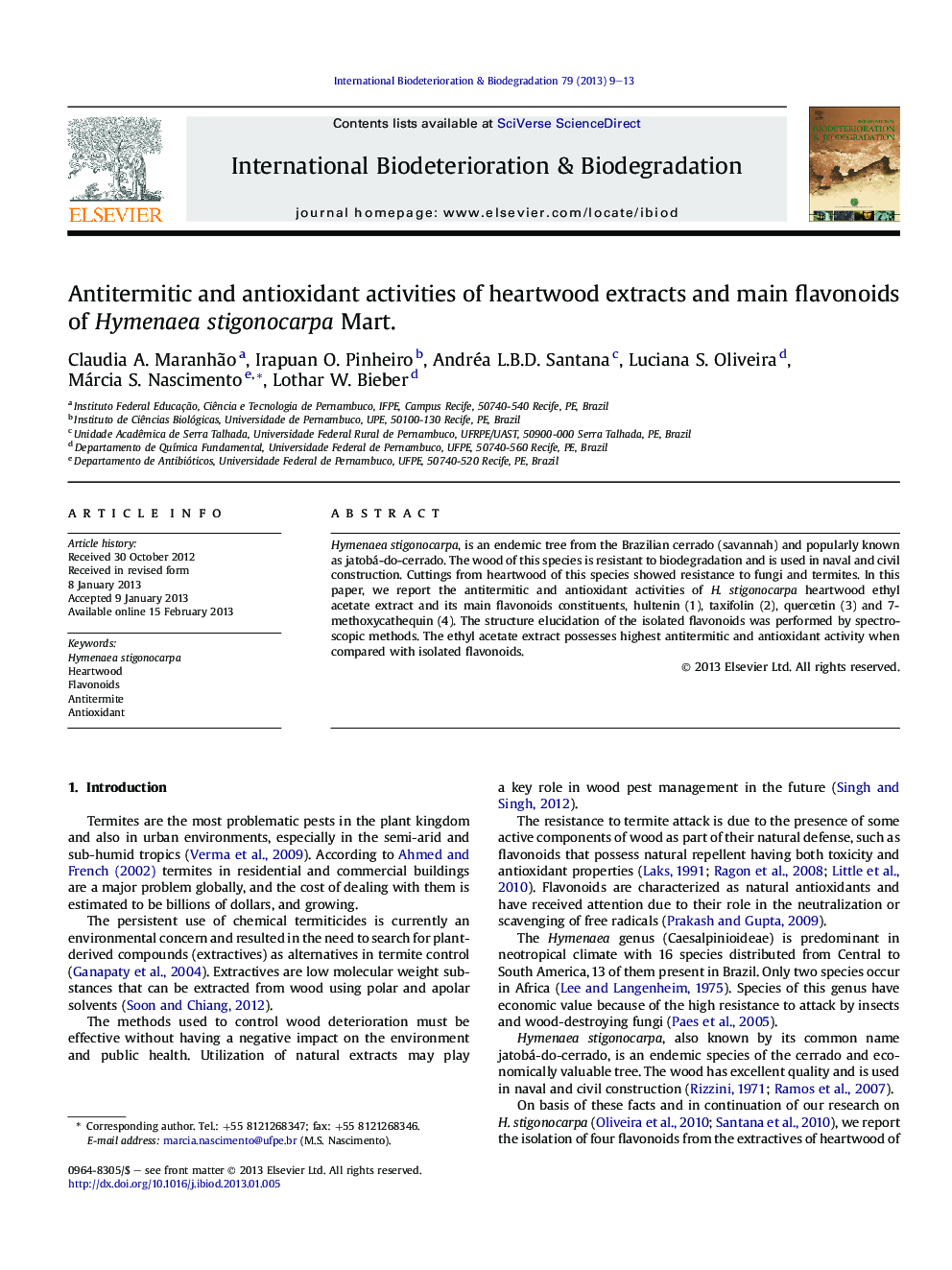 Antitermitic and antioxidant activities of heartwood extracts and main flavonoids of Hymenaea stigonocarpa Mart.