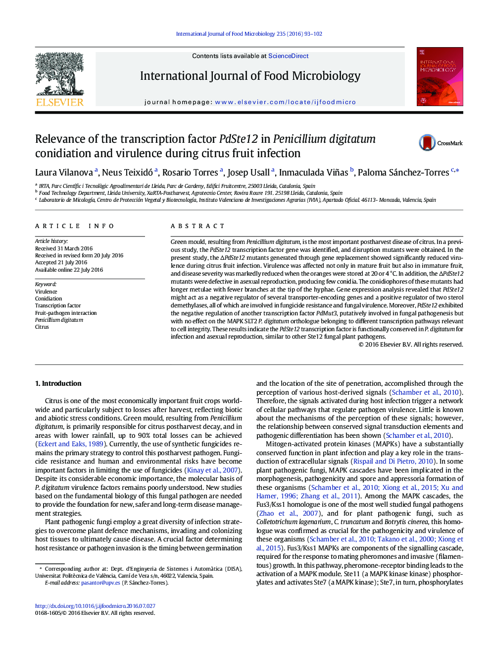Relevance of the transcription factor PdSte12 in Penicillium digitatum conidiation and virulence during citrus fruit infection