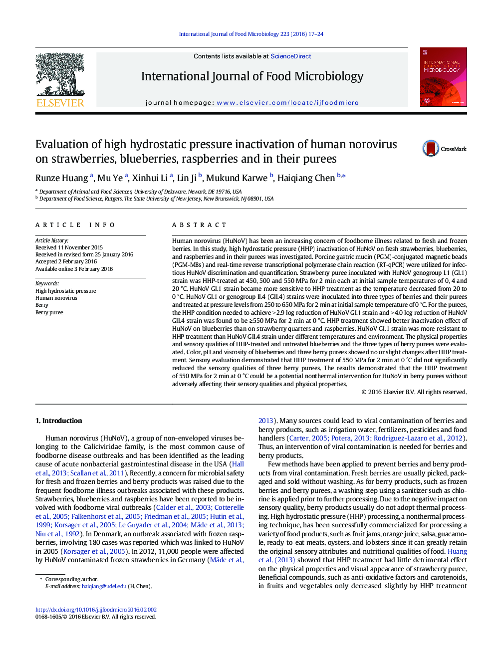 ارزیابی غیر فعال شدن فشار هیدرواستاتیک نووروویروس انسانی بر توت فرنگی، زغال اخته، تمشک و پوره آنها 