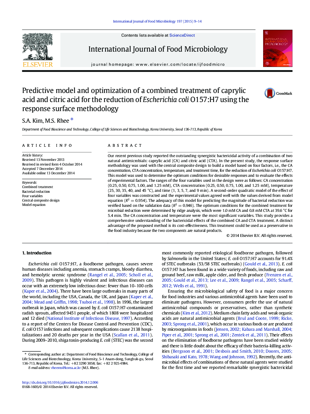Predictive model and optimization of a combined treatment of caprylic acid and citric acid for the reduction of Escherichia coli O157:H7 using the response surface methodology