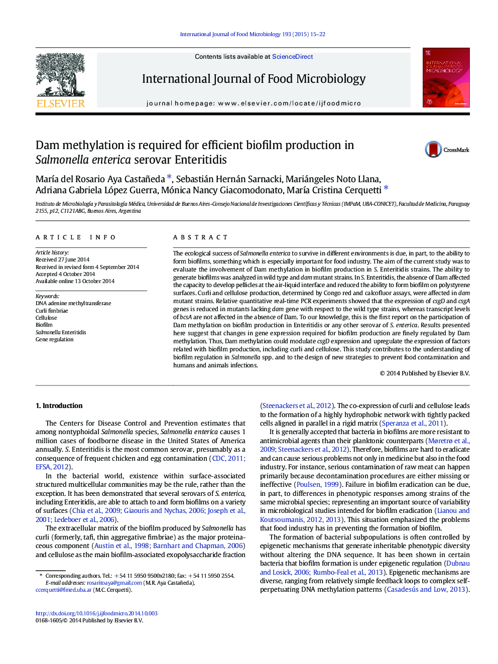 Dam methylation is required for efficient biofilm production in Salmonella enterica serovar Enteritidis