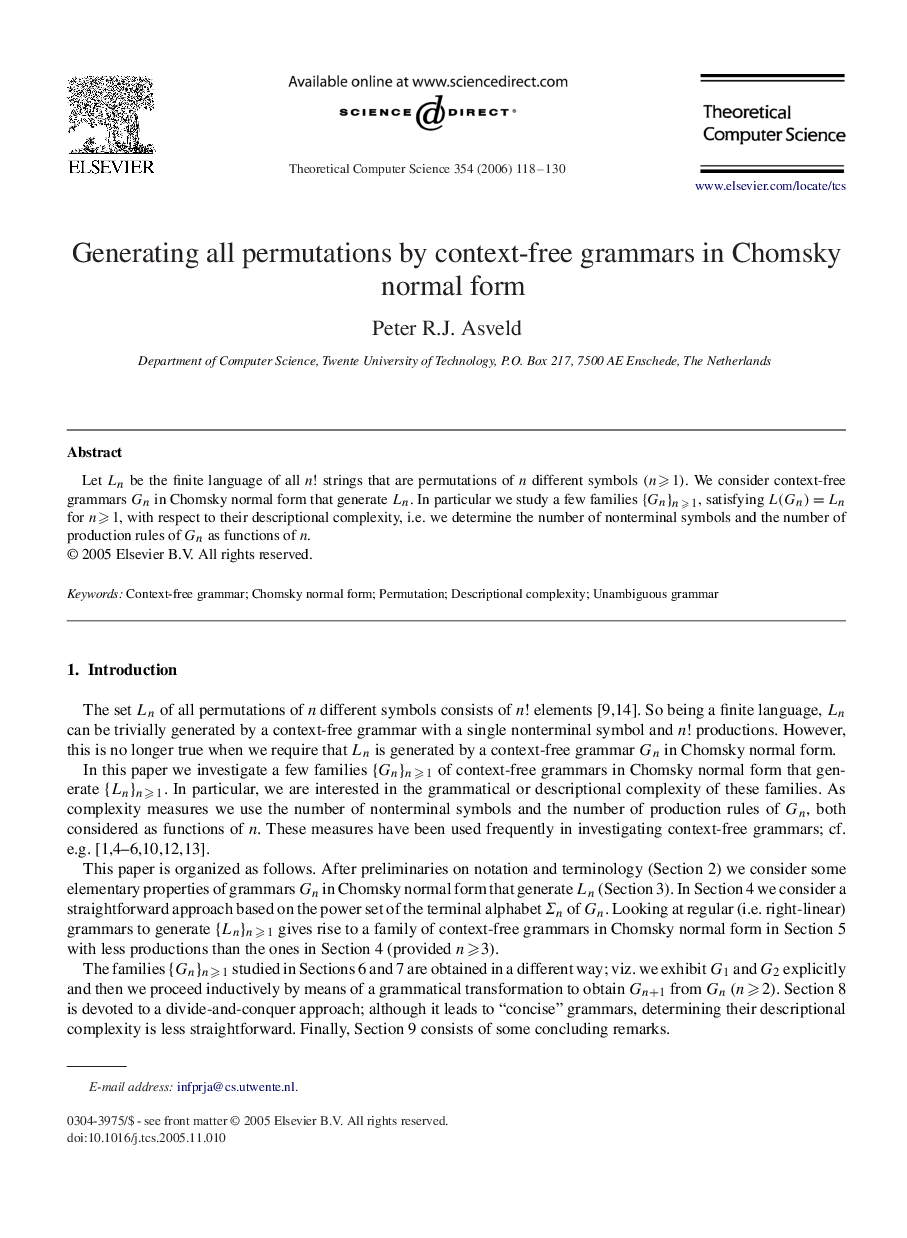 Generating all permutations by context-free grammars in Chomsky normal form