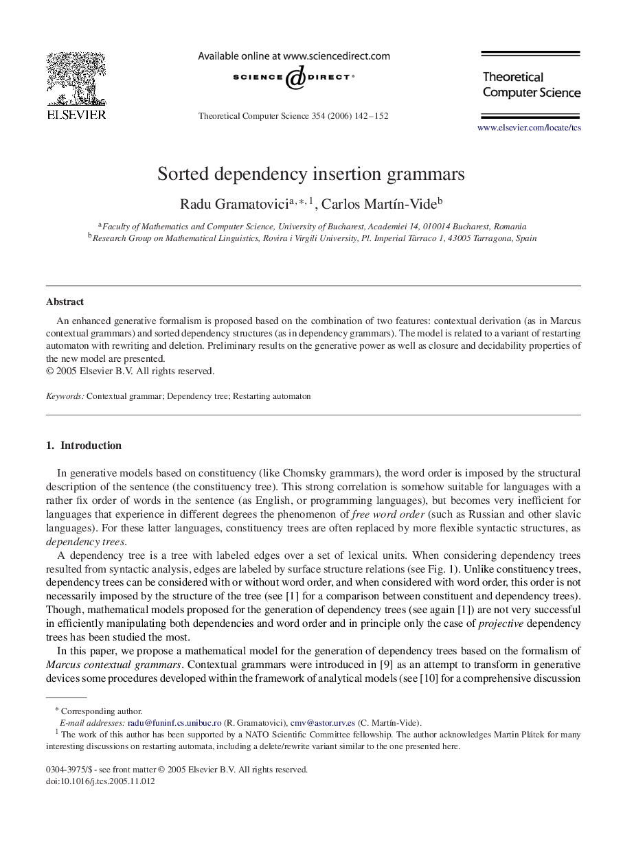 Sorted dependency insertion grammars