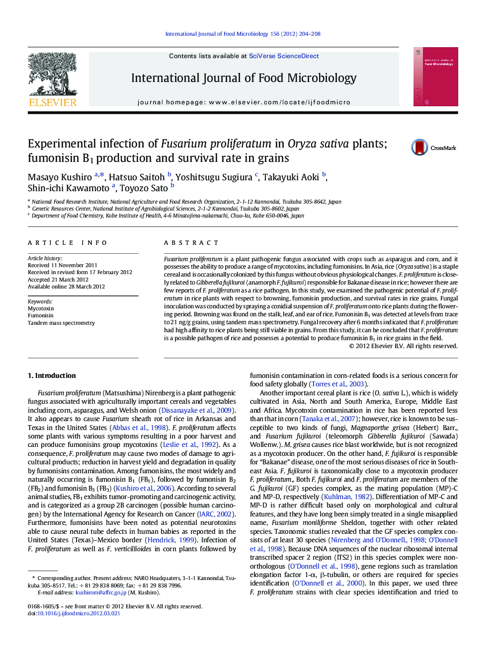 Experimental infection of Fusarium proliferatum in Oryza sativa plants; fumonisin B1 production and survival rate in grains