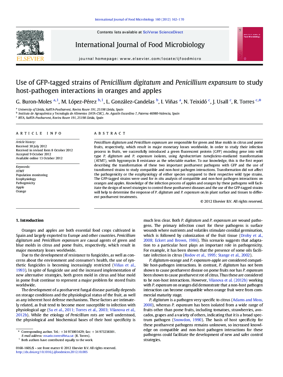 Use of GFP-tagged strains of Penicillium digitatum and Penicillium expansum to study host-pathogen interactions in oranges and apples
