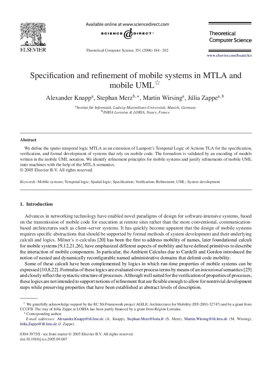 Specification and refinement of mobile systems in MTLA and mobile UML 