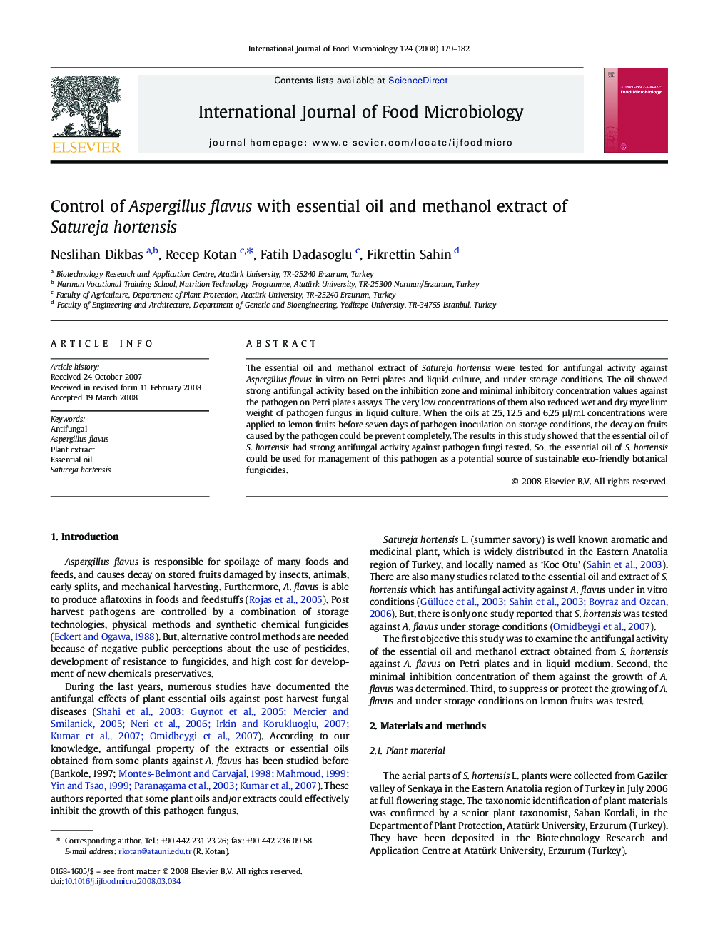 Control of Aspergillus flavus with essential oil and methanol extract of Satureja hortensis