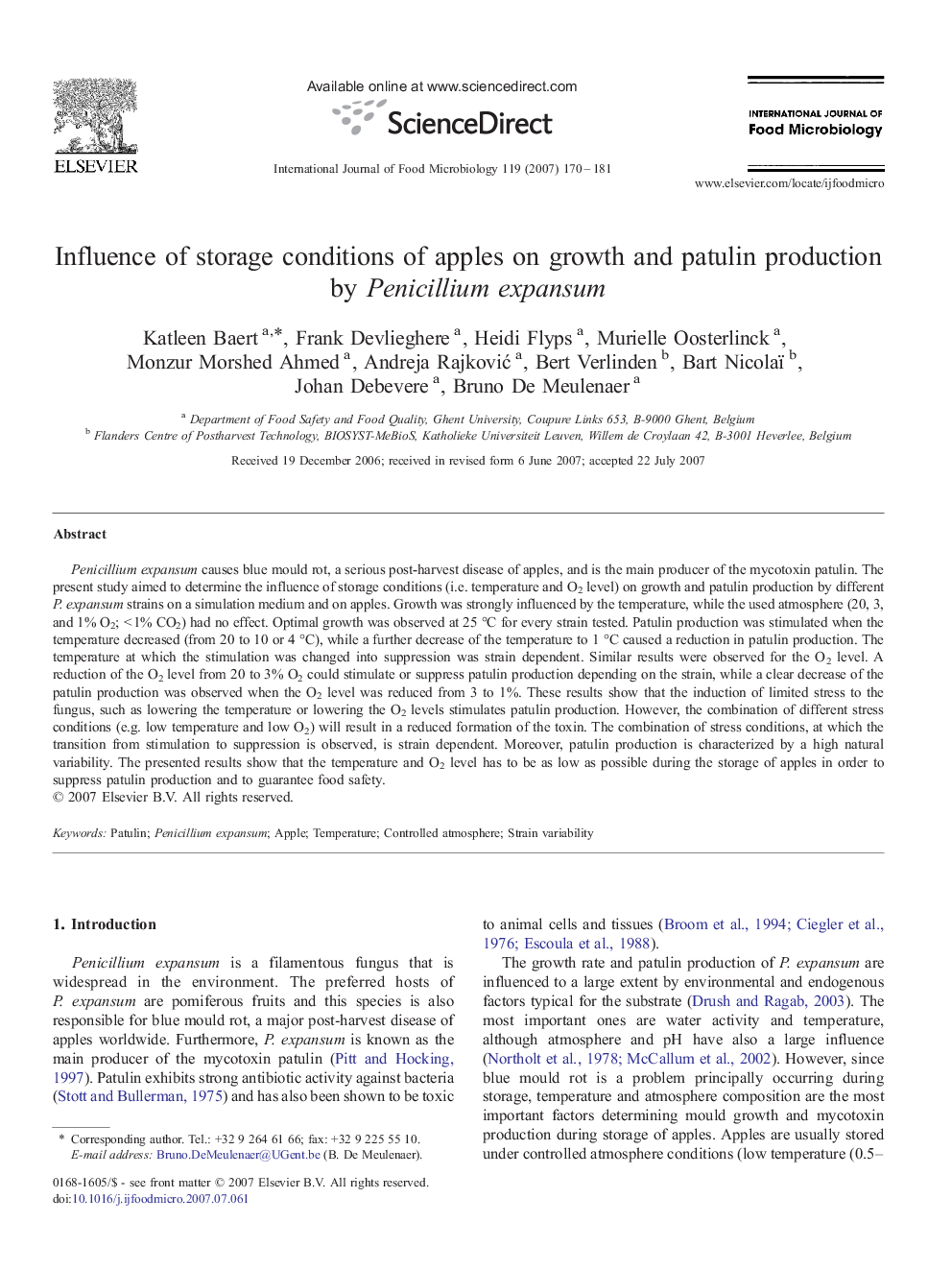 Influence of storage conditions of apples on growth and patulin production by Penicillium expansum