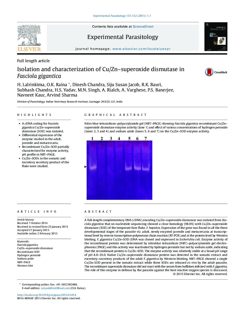 Isolation and characterization of Cu/Zn–superoxide dismutase in Fasciola gigantica