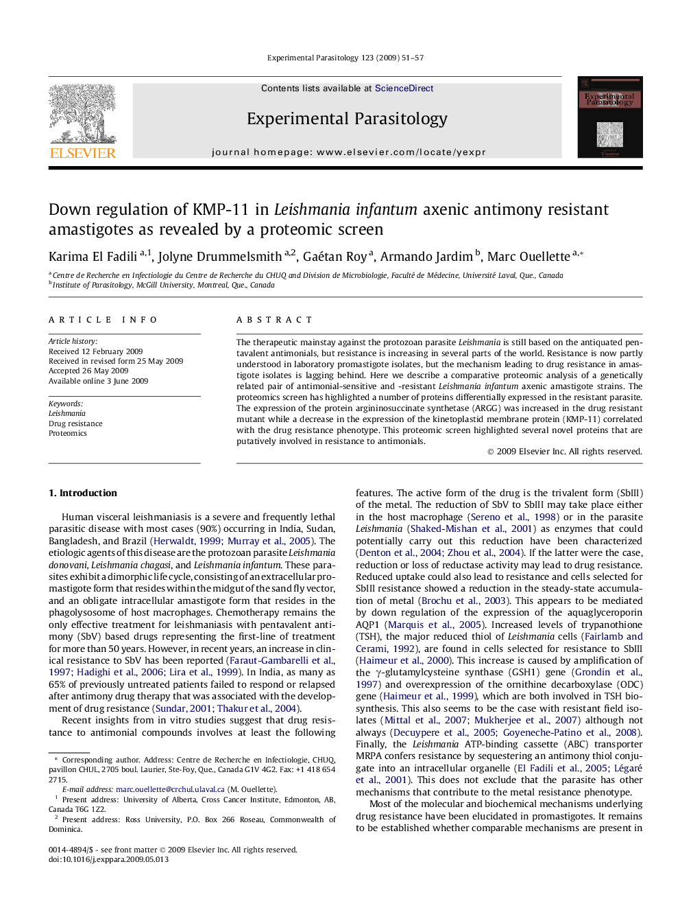 Down regulation of KMP-11 in Leishmania infantum axenic antimony resistant amastigotes as revealed by a proteomic screen