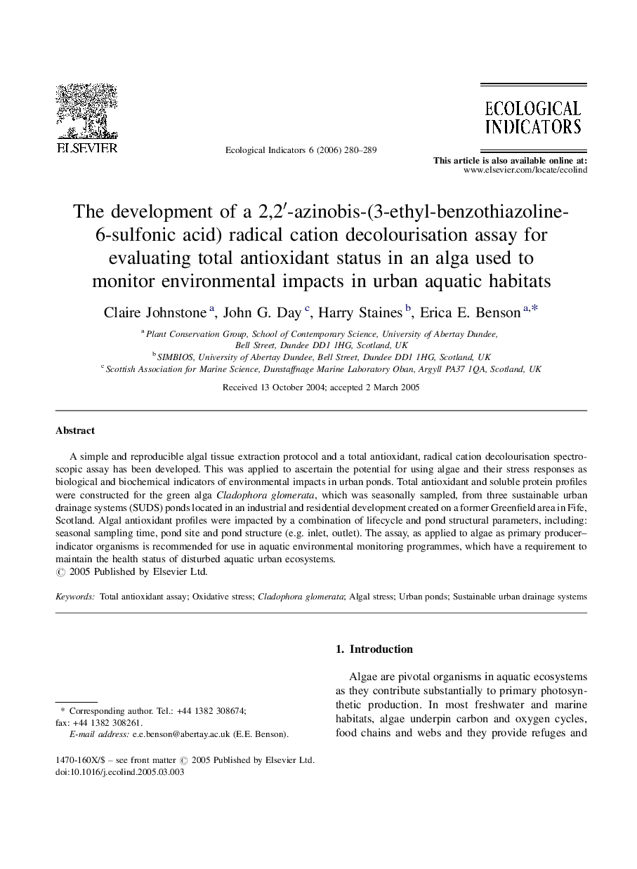 The development of a 2,2′-azinobis-(3-ethyl-benzothiazoline-6-sulfonic acid) radical cation decolourisation assay for evaluating total antioxidant status in an alga used to monitor environmental impacts in urban aquatic habitats