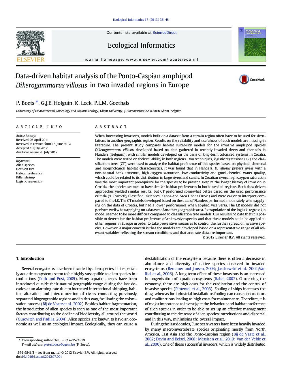 Data-driven habitat analysis of the Ponto-Caspian amphipod Dikerogammarus villosus in two invaded regions in Europe