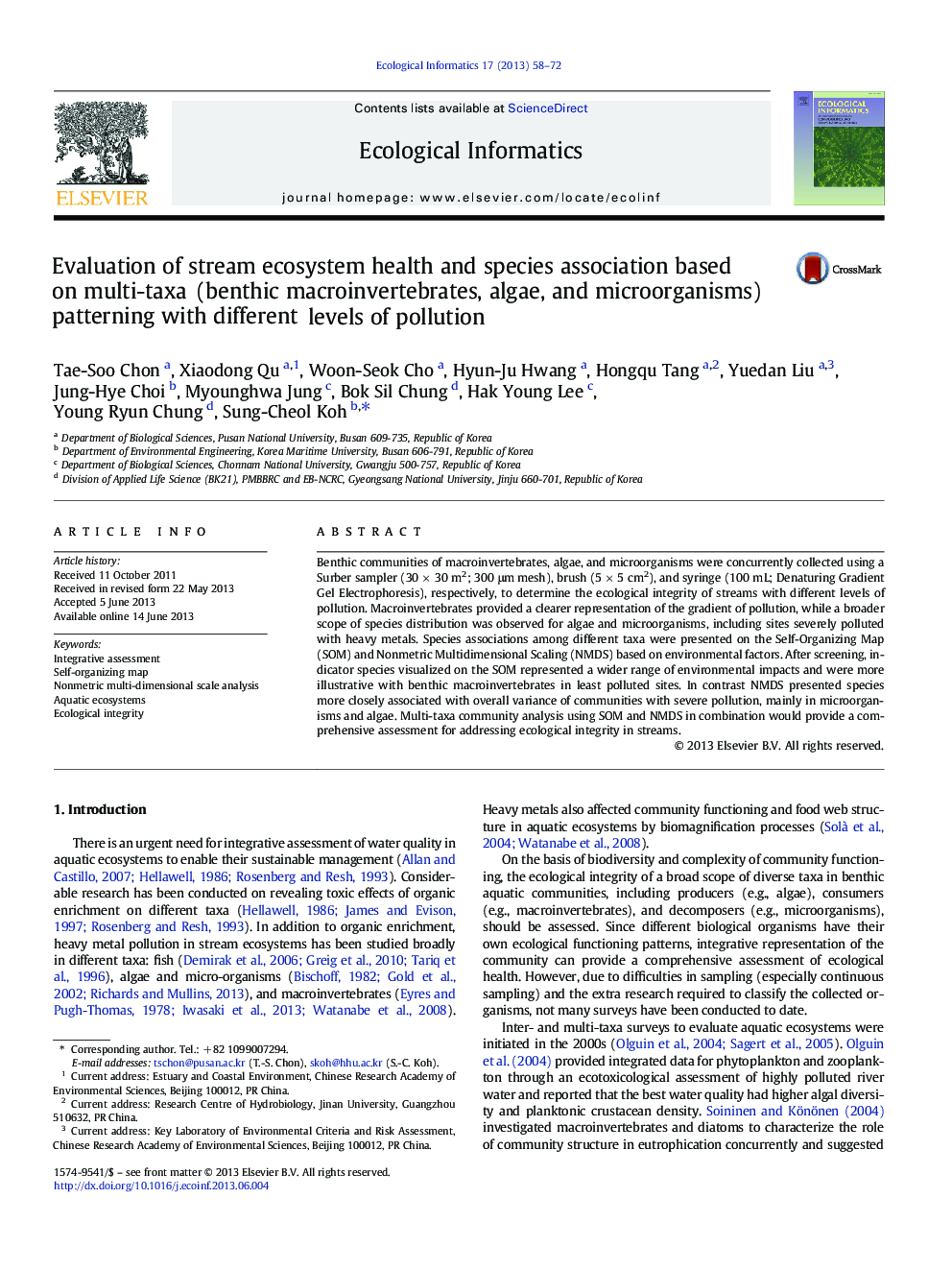 Evaluation of stream ecosystem health and species association based on multi-taxa (benthic macroinvertebrates, algae, and microorganisms) patterning with different levels of pollution