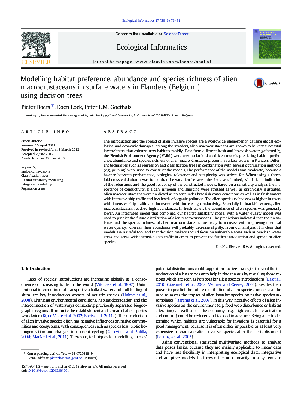 Modelling habitat preference, abundance and species richness of alien macrocrustaceans in surface waters in Flanders (Belgium) using decision trees