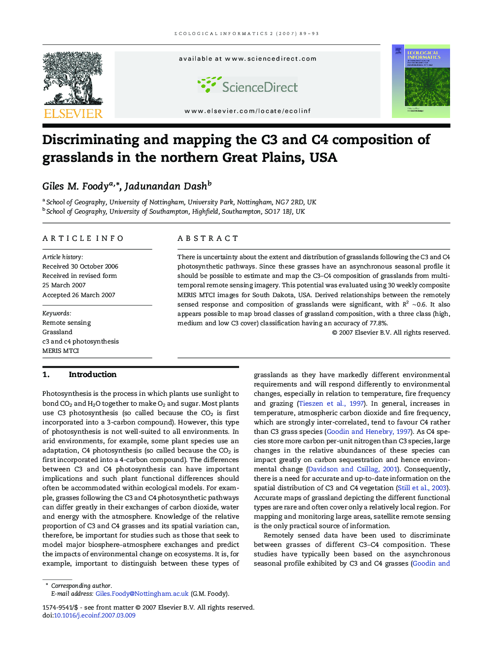 Discriminating and mapping the C3 and C4 composition of grasslands in the northern Great Plains, USA