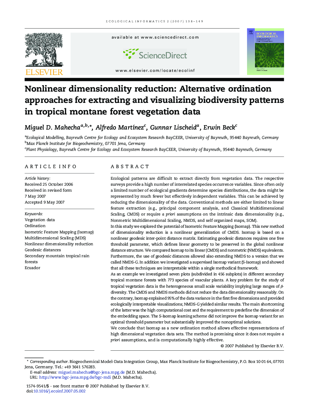 Nonlinear dimensionality reduction: Alternative ordination approaches for extracting and visualizing biodiversity patterns in tropical montane forest vegetation data
