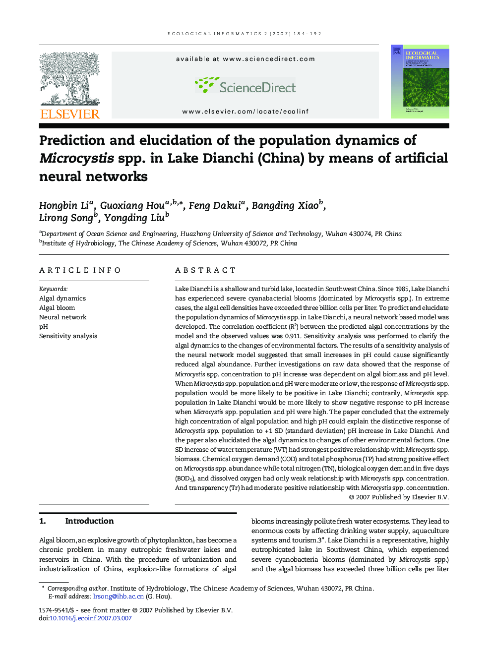 Prediction and elucidation of the population dynamics of Microcystis spp. in Lake Dianchi (China) by means of artificial neural networks