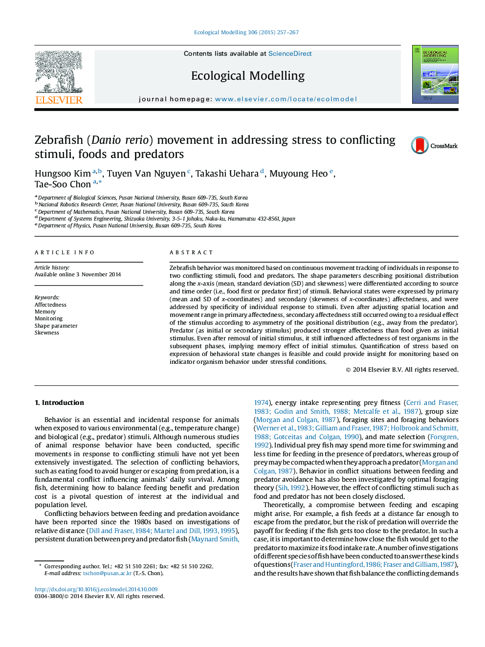 Zebrafish (Danio rerio) movement in addressing stress to conflicting stimuli, foods and predators