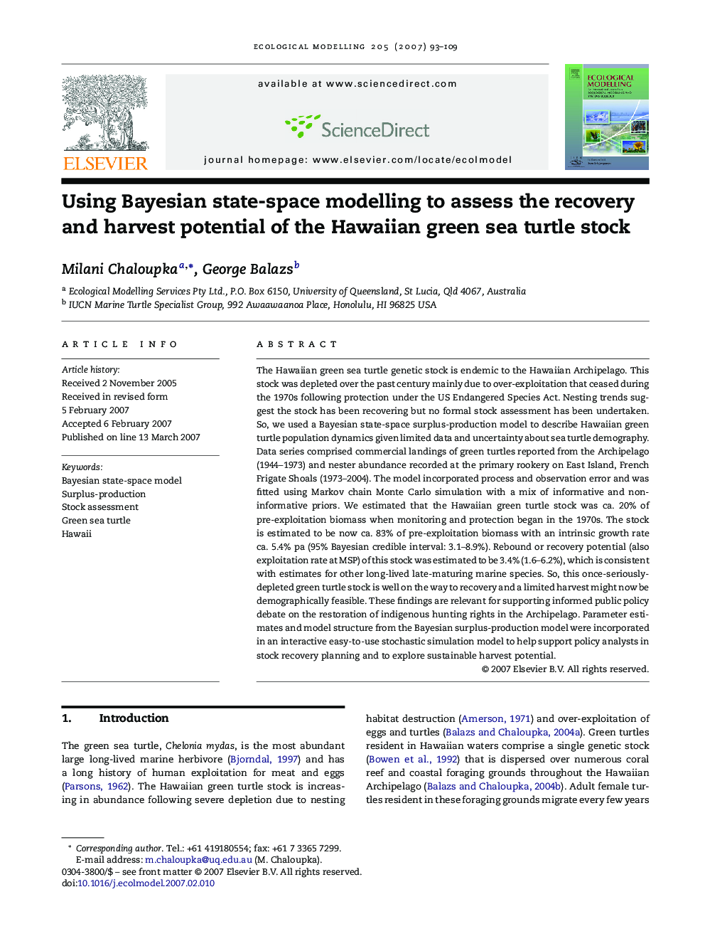 Using Bayesian state-space modelling to assess the recovery and harvest potential of the Hawaiian green sea turtle stock