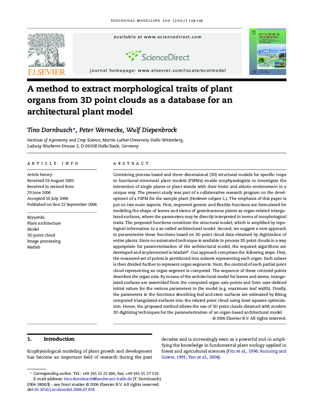 A method to extract morphological traits of plant organs from 3D point clouds as a database for an architectural plant model
