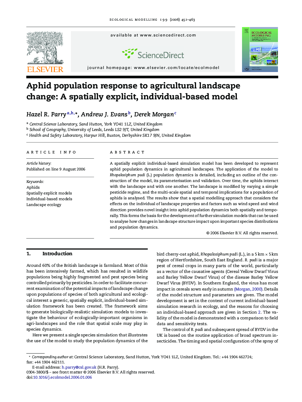 Aphid population response to agricultural landscape change: A spatially explicit, individual-based model