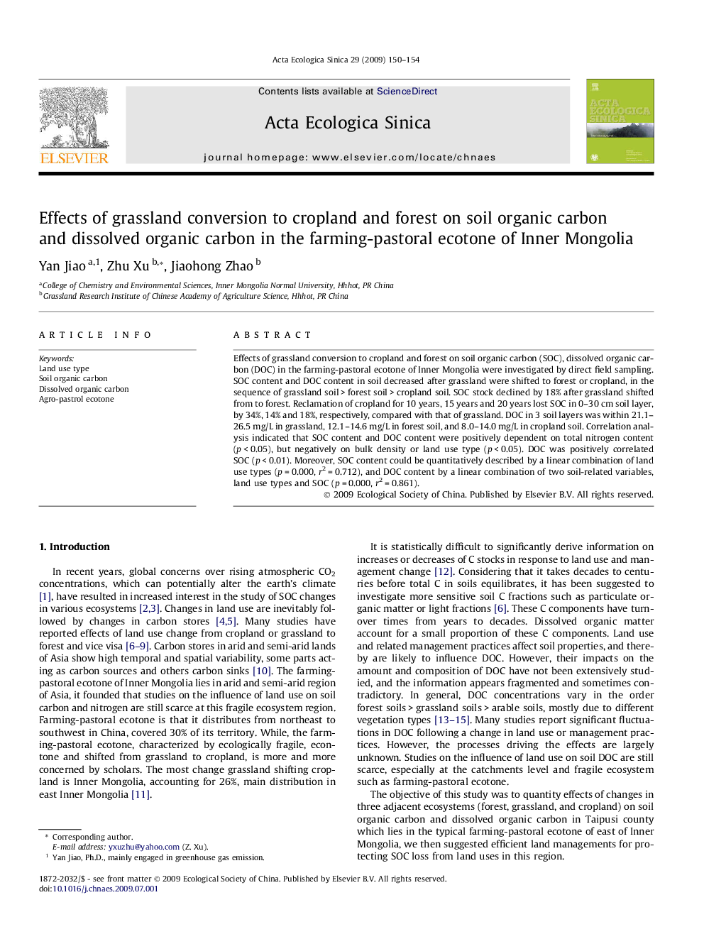 Effects of grassland conversion to cropland and forest on soil organic carbon and dissolved organic carbon in the farming-pastoral ecotone of Inner Mongolia