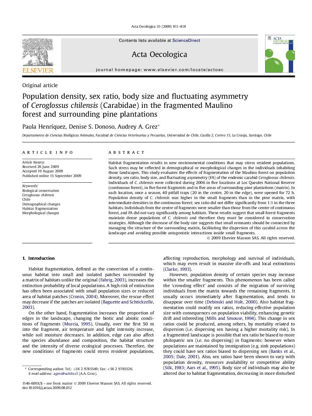 Population density, sex ratio, body size and fluctuating asymmetry of Ceroglossus chilensis (Carabidae) in the fragmented Maulino forest and surrounding pine plantations