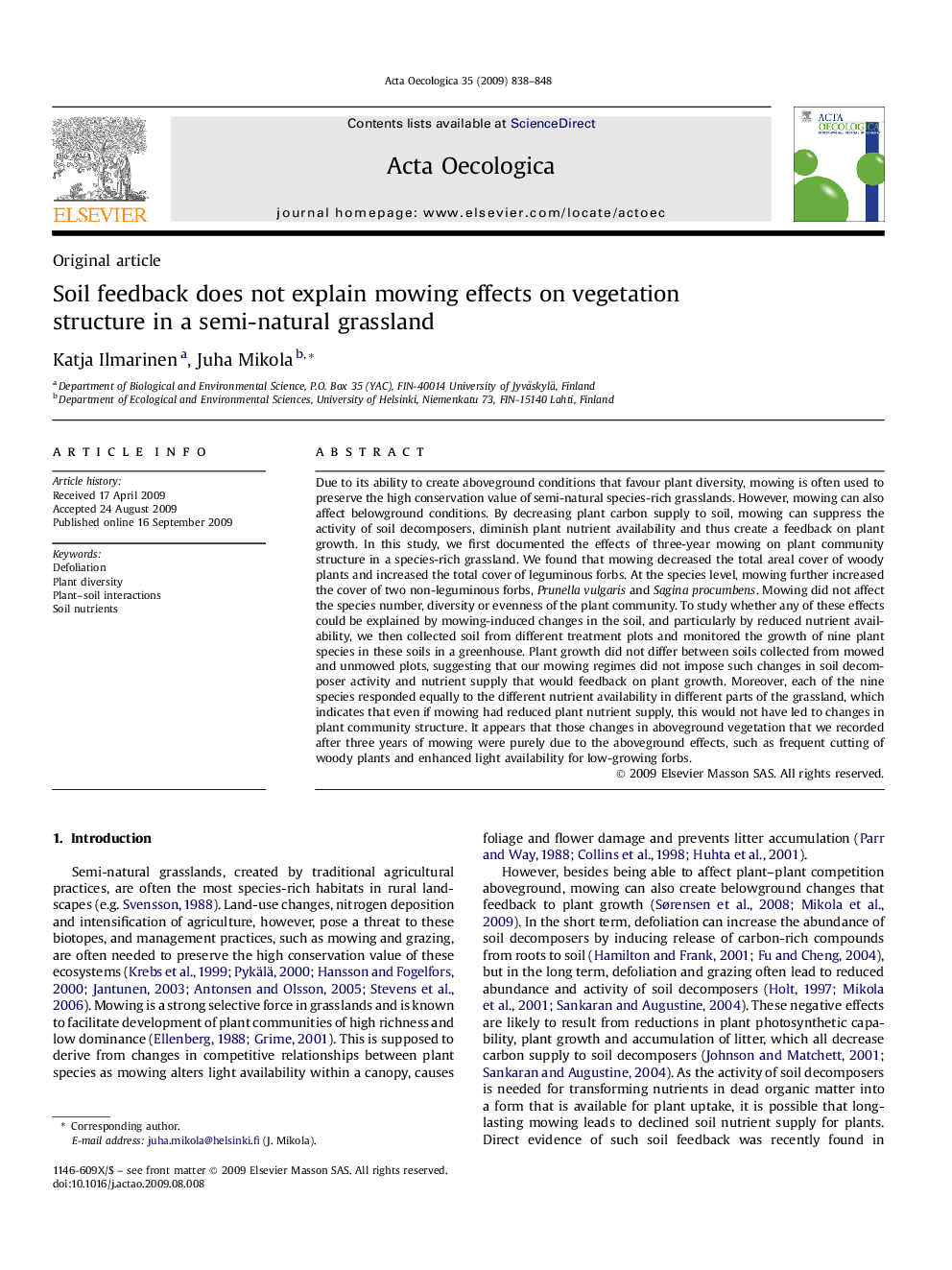 Soil feedback does not explain mowing effects on vegetation structure in a semi-natural grassland