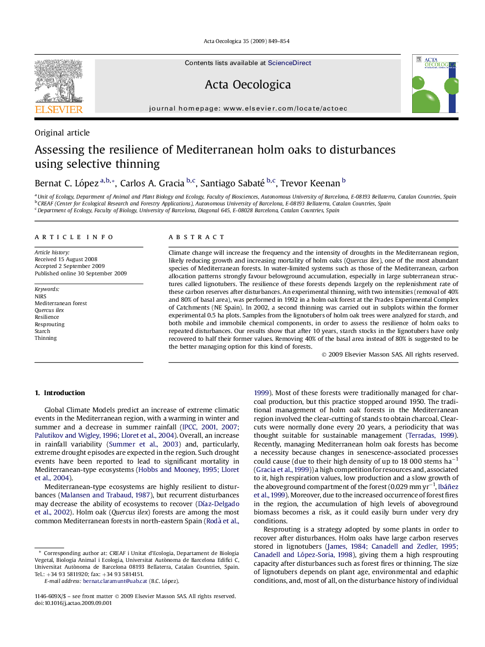 Assessing the resilience of Mediterranean holm oaks to disturbances using selective thinning