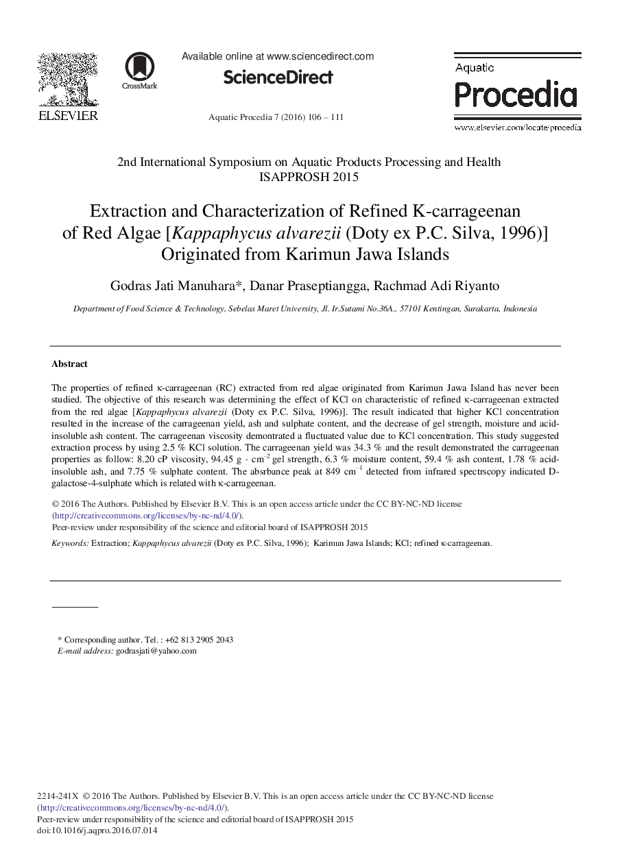 استخراج و بررسی خواص K کاراگینان تصفیه شده جلبک قرمز [Kappaphycus Alvarezii (Doty ex P.C. Silva, 1996)] نشات گرفته از جزایر جاوا Karimun
