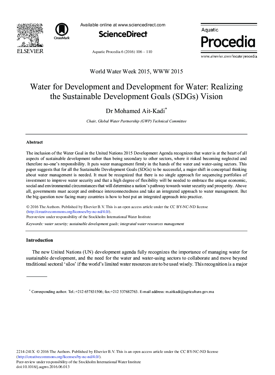 آب برای توسعه و توسعه برای آب: تحقق اهداف چشم انداز توسعه پایدار (SDGs) 