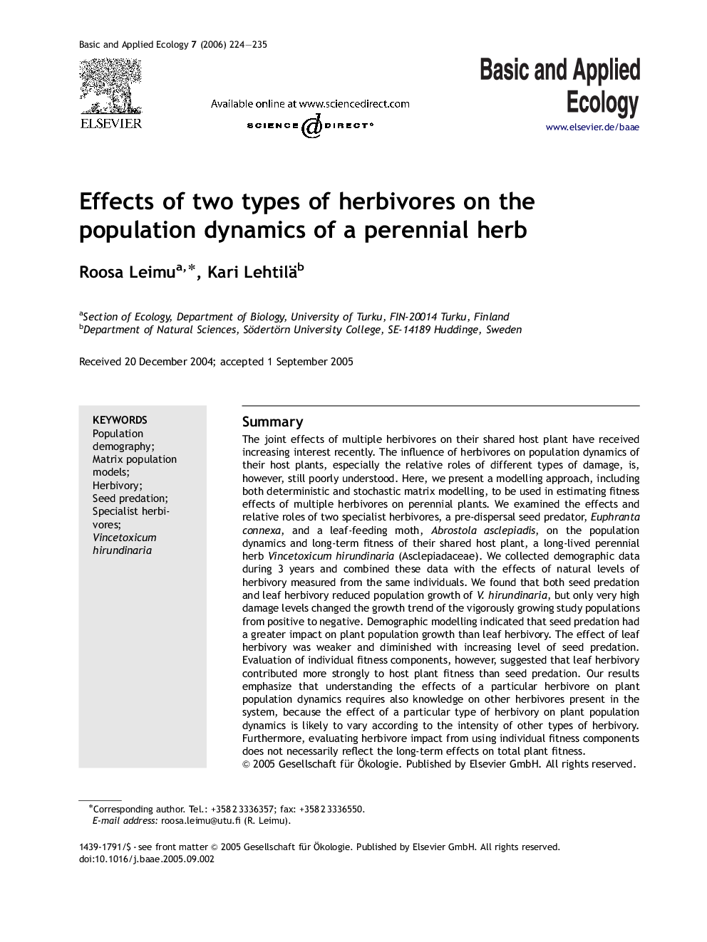 Effects of two types of herbivores on the population dynamics of a perennial herb