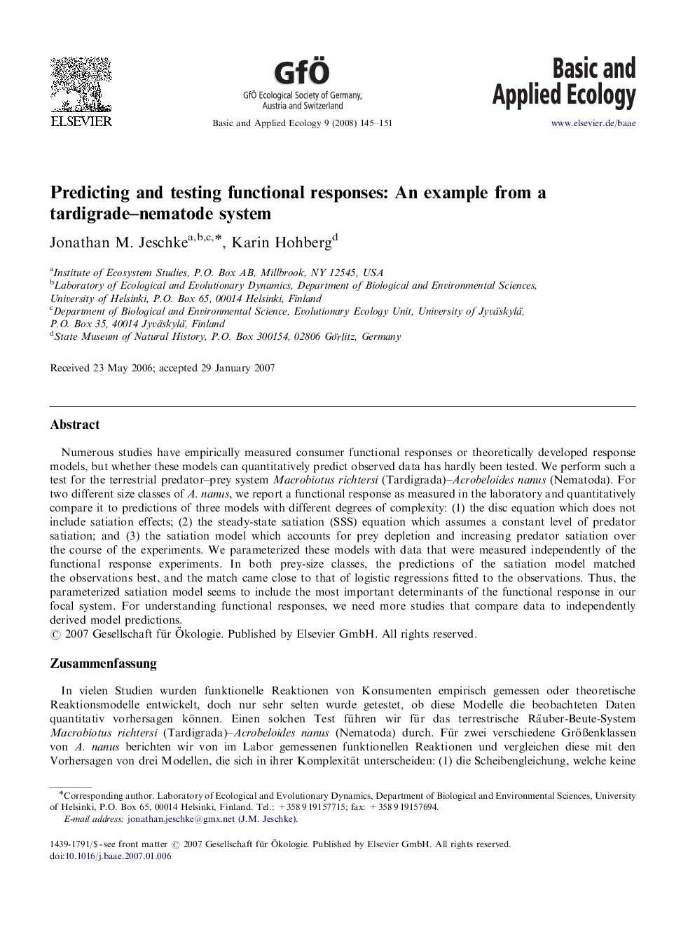 Predicting and testing functional responses: An example from a tardigrade-nematode system