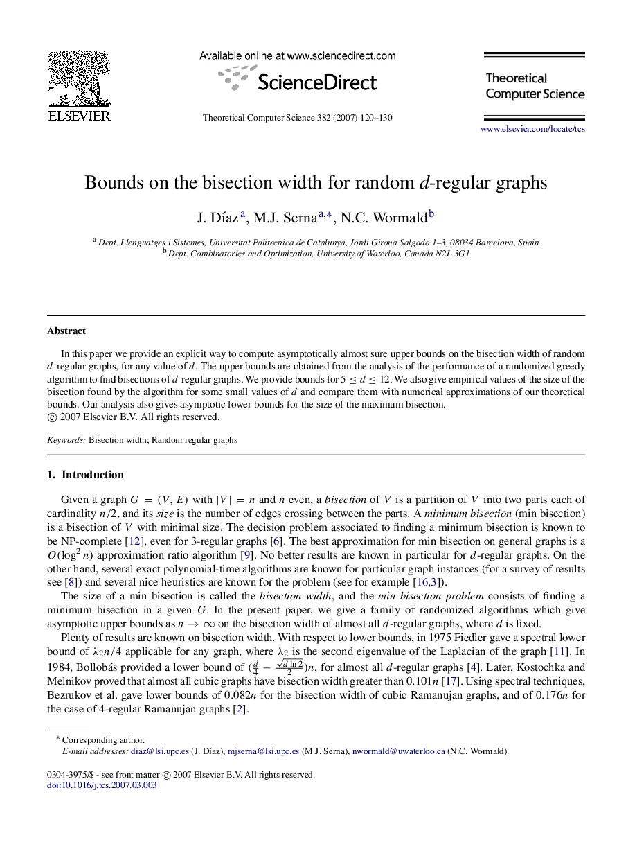 Bounds on the bisection width for random d -regular graphs