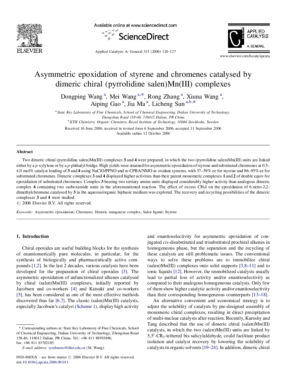 Asymmetric epoxidation of styrene and chromenes catalysed by dimeric chiral (pyrrolidine salen)Mn(III) complexes