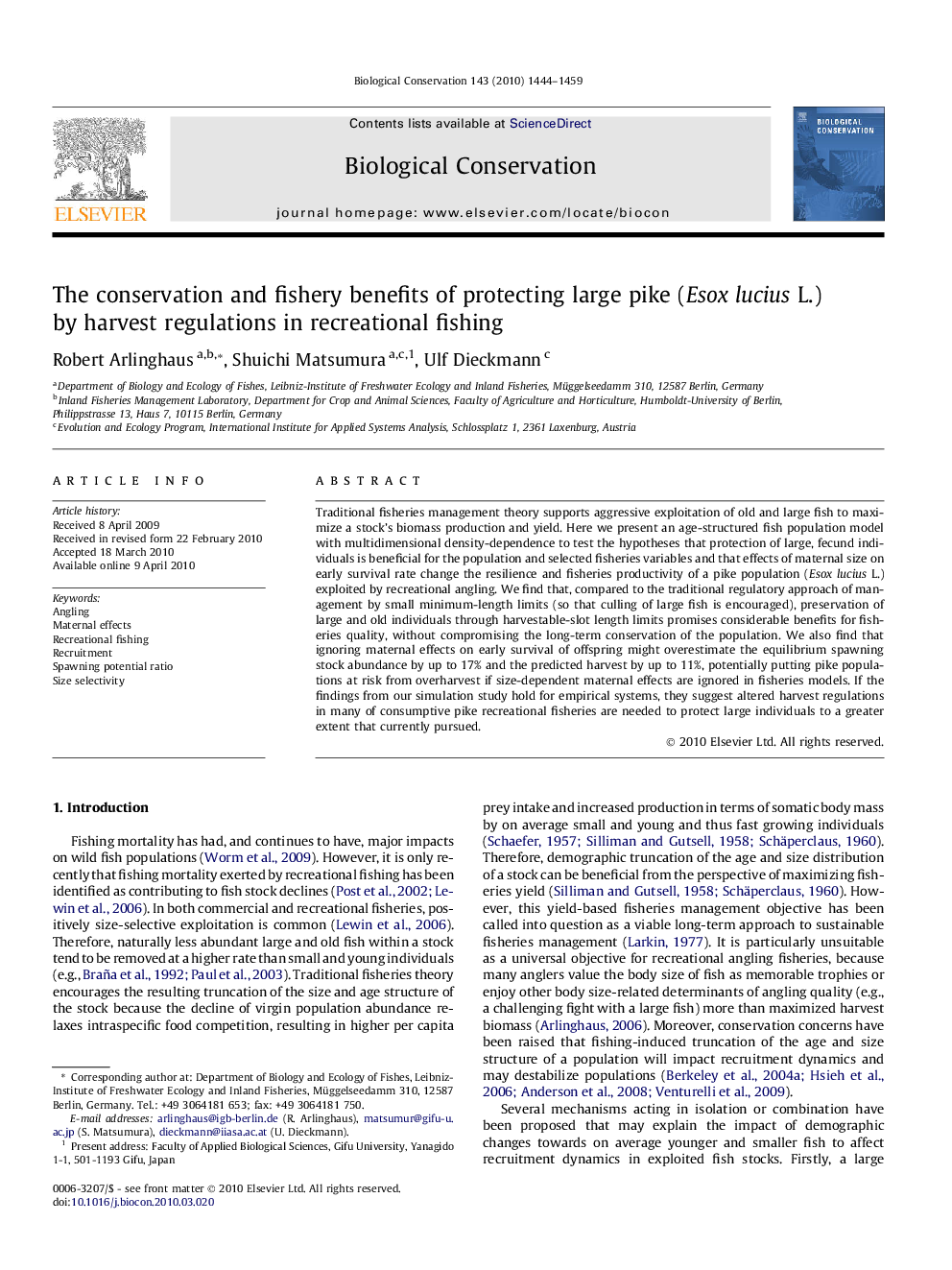 The conservation and fishery benefits of protecting large pike (Esox lucius L.) by harvest regulations in recreational fishing