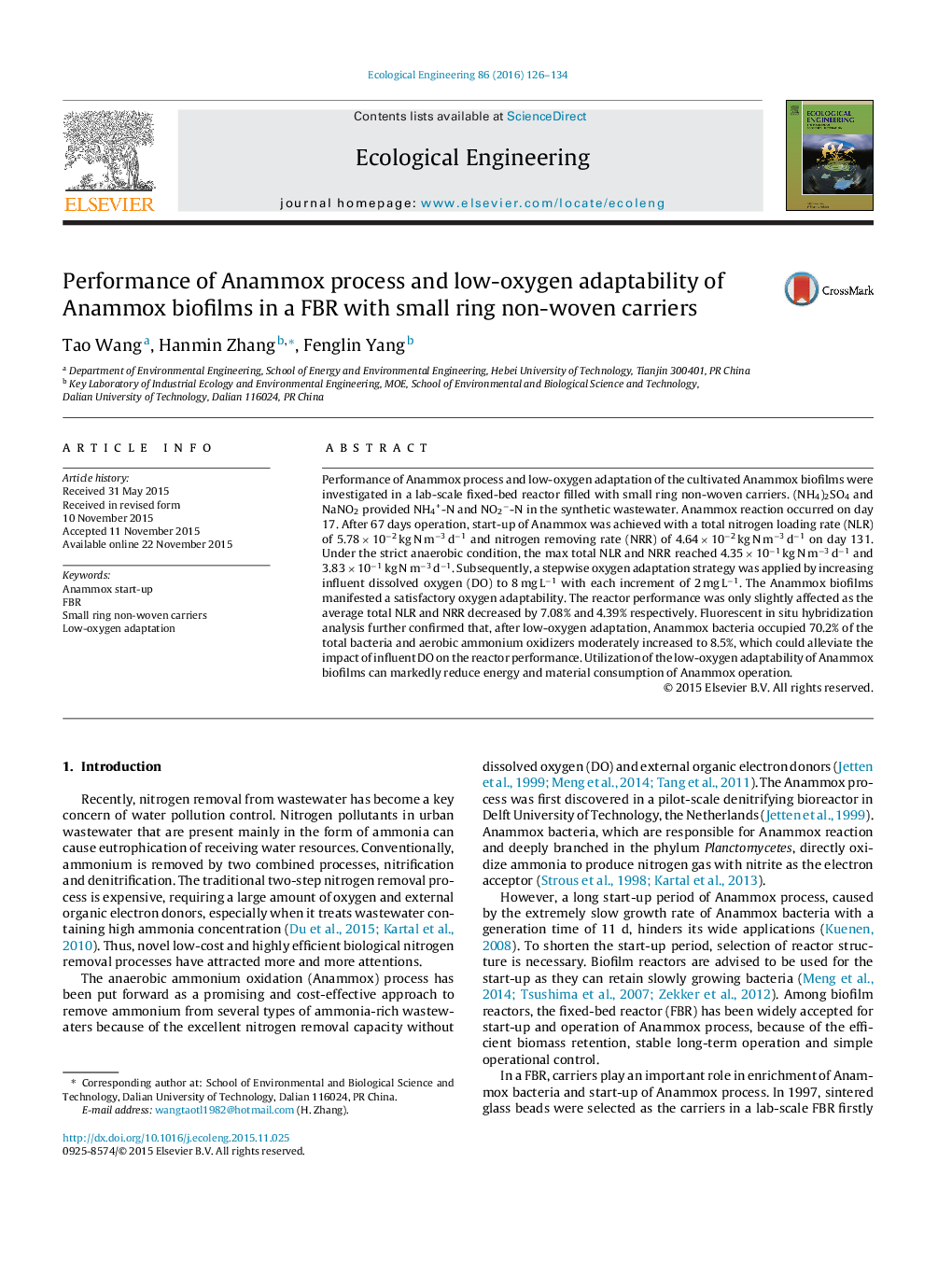 Performance of Anammox process and low-oxygen adaptability of Anammox biofilms in a FBR with small ring non-woven carriers