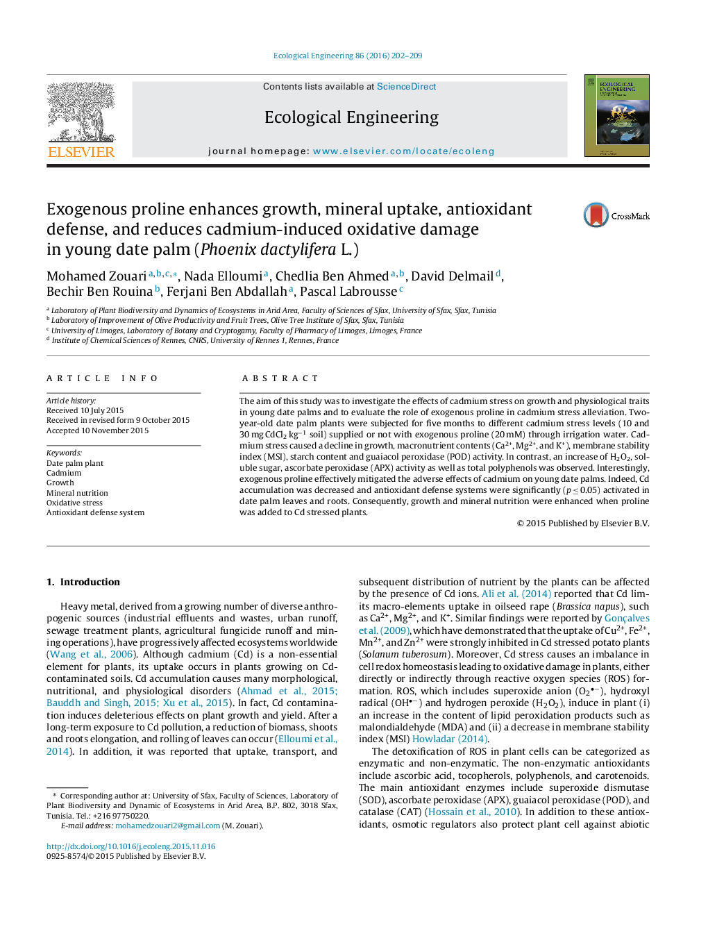 Exogenous proline enhances growth, mineral uptake, antioxidant defense, and reduces cadmium-induced oxidative damage in young date palm (Phoenix dactylifera L.)