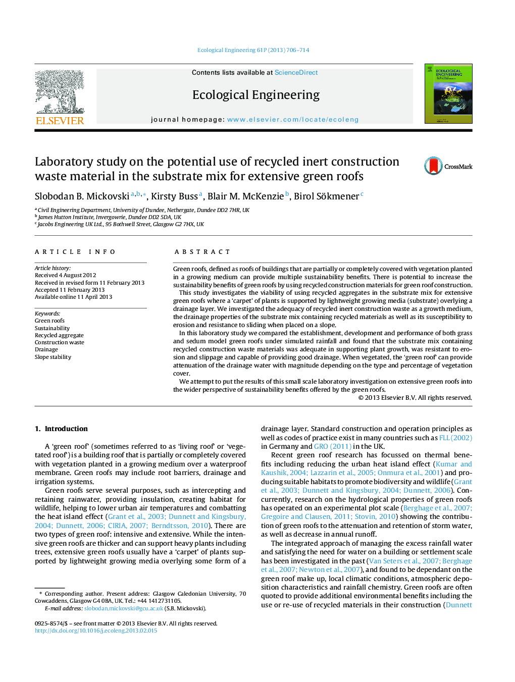 Laboratory study on the potential use of recycled inert construction waste material in the substrate mix for extensive green roofs