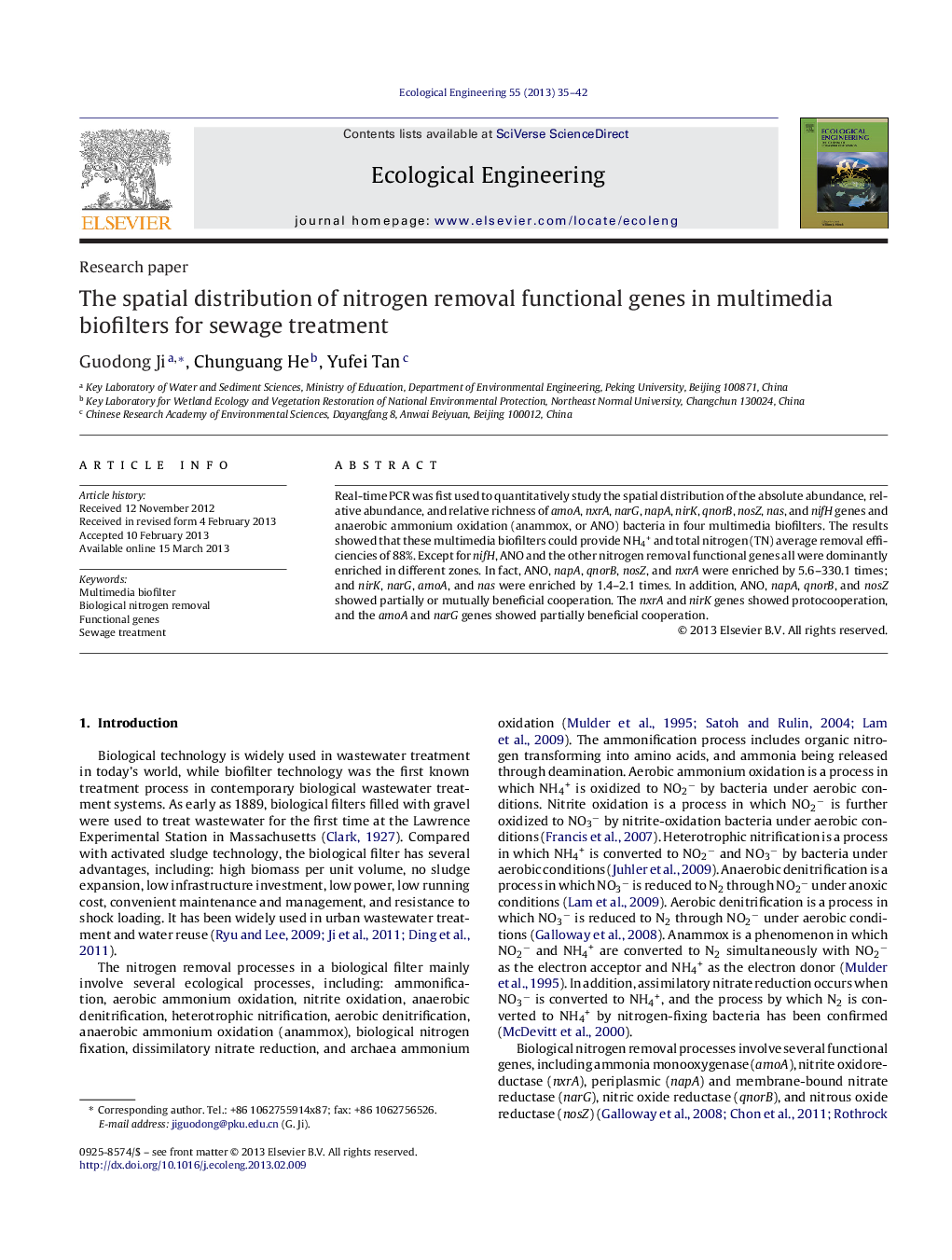 The spatial distribution of nitrogen removal functional genes in multimedia biofilters for sewage treatment