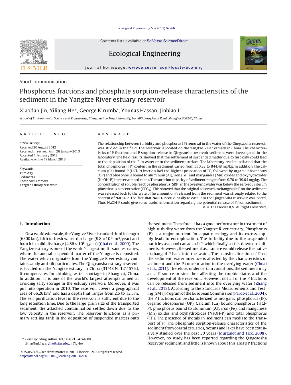 Phosphorus fractions and phosphate sorption-release characteristics of the sediment in the Yangtze River estuary reservoir