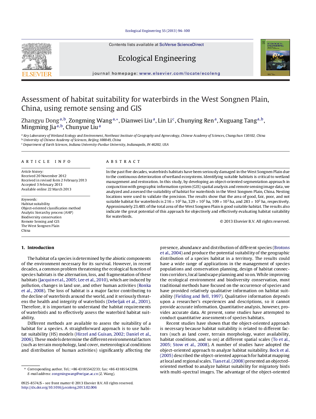 Assessment of habitat suitability for waterbirds in the West Songnen Plain, China, using remote sensing and GIS