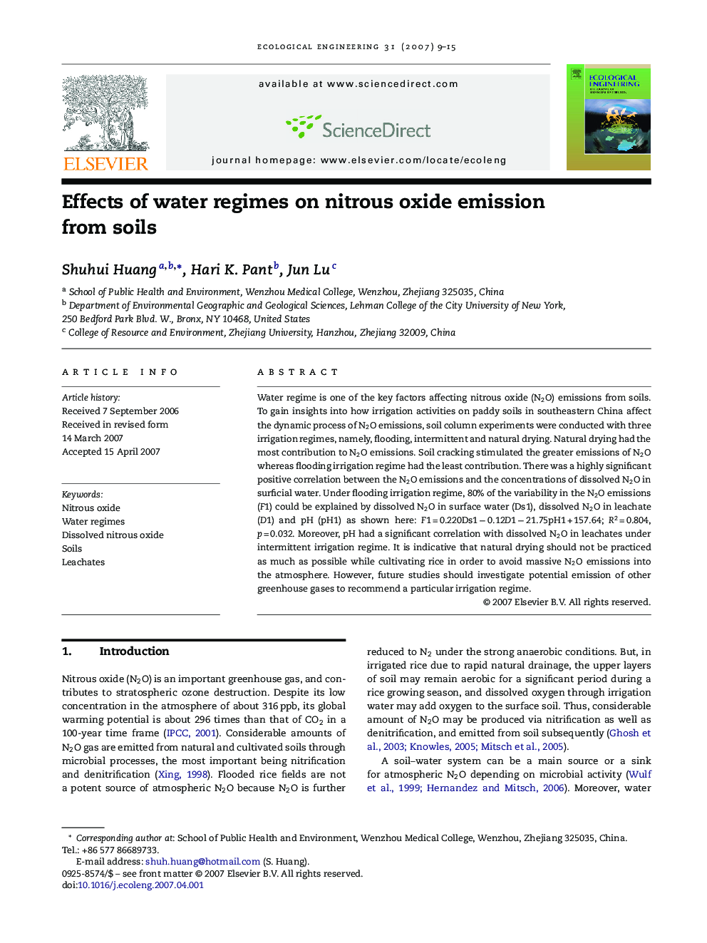 Effects of water regimes on nitrous oxide emission from soils