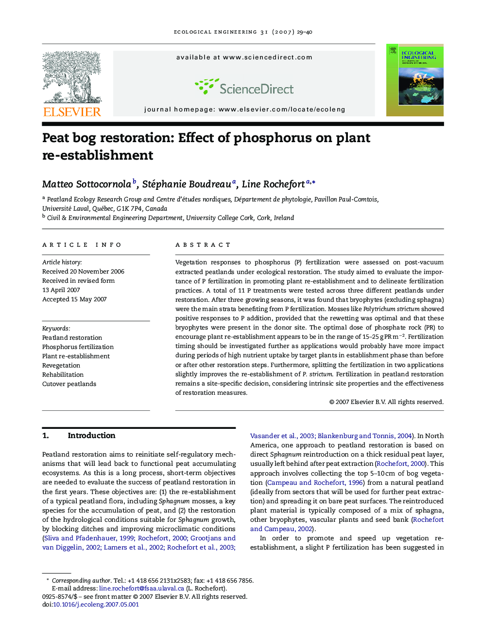 Peat bog restoration: Effect of phosphorus on plant re-establishment