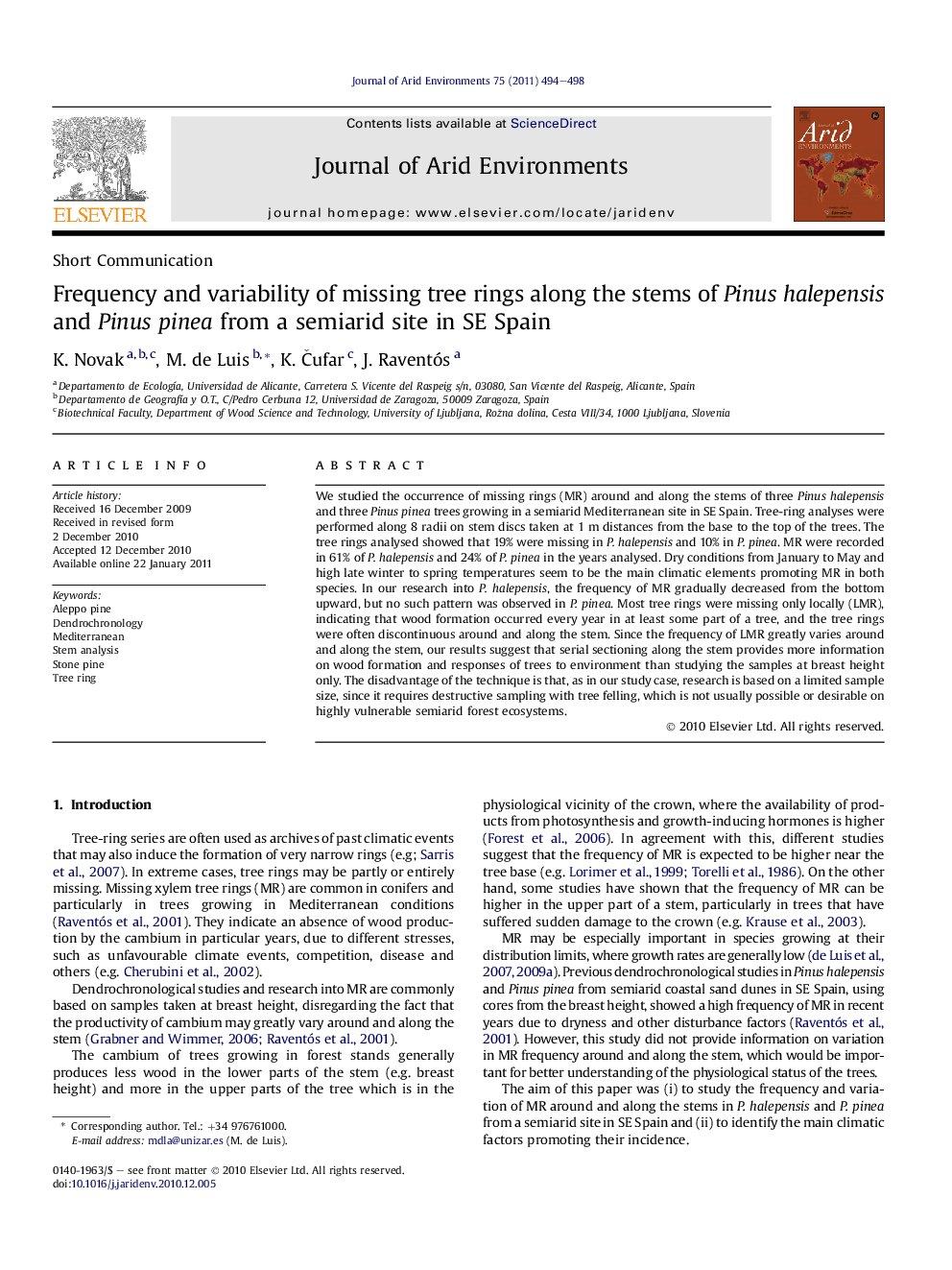 Frequency and variability of missing tree rings along the stems of Pinus halepensis and Pinus pinea from a semiarid site in SE Spain