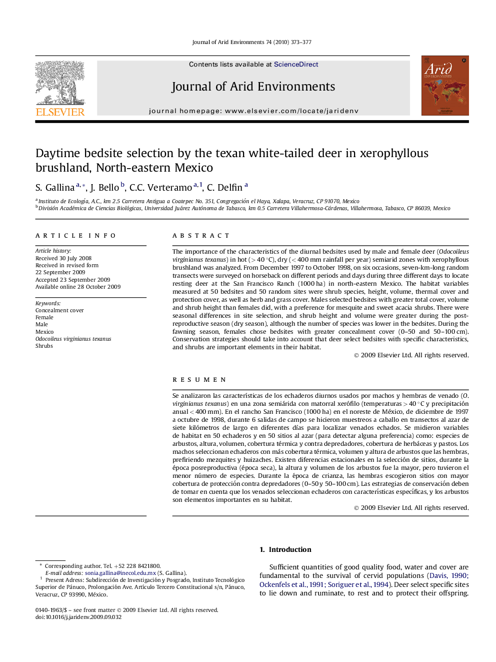 Daytime bedsite selection by the texan white-tailed deer in xerophyllous brushland, North-eastern Mexico