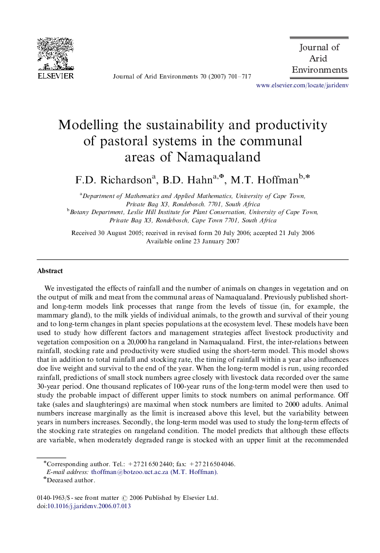 Modelling the sustainability and productivity of pastoral systems in the communal areas of Namaqualand
