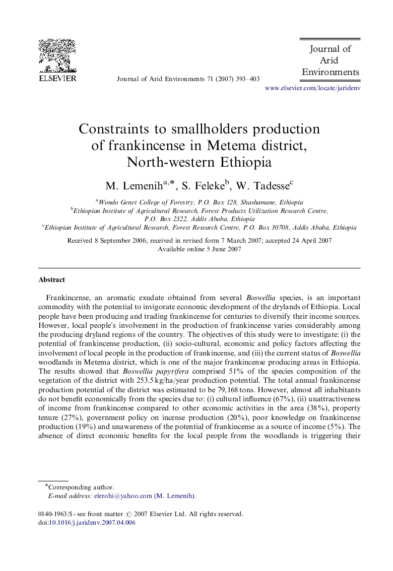 Constraints to smallholders production of frankincense in Metema district, North-western Ethiopia