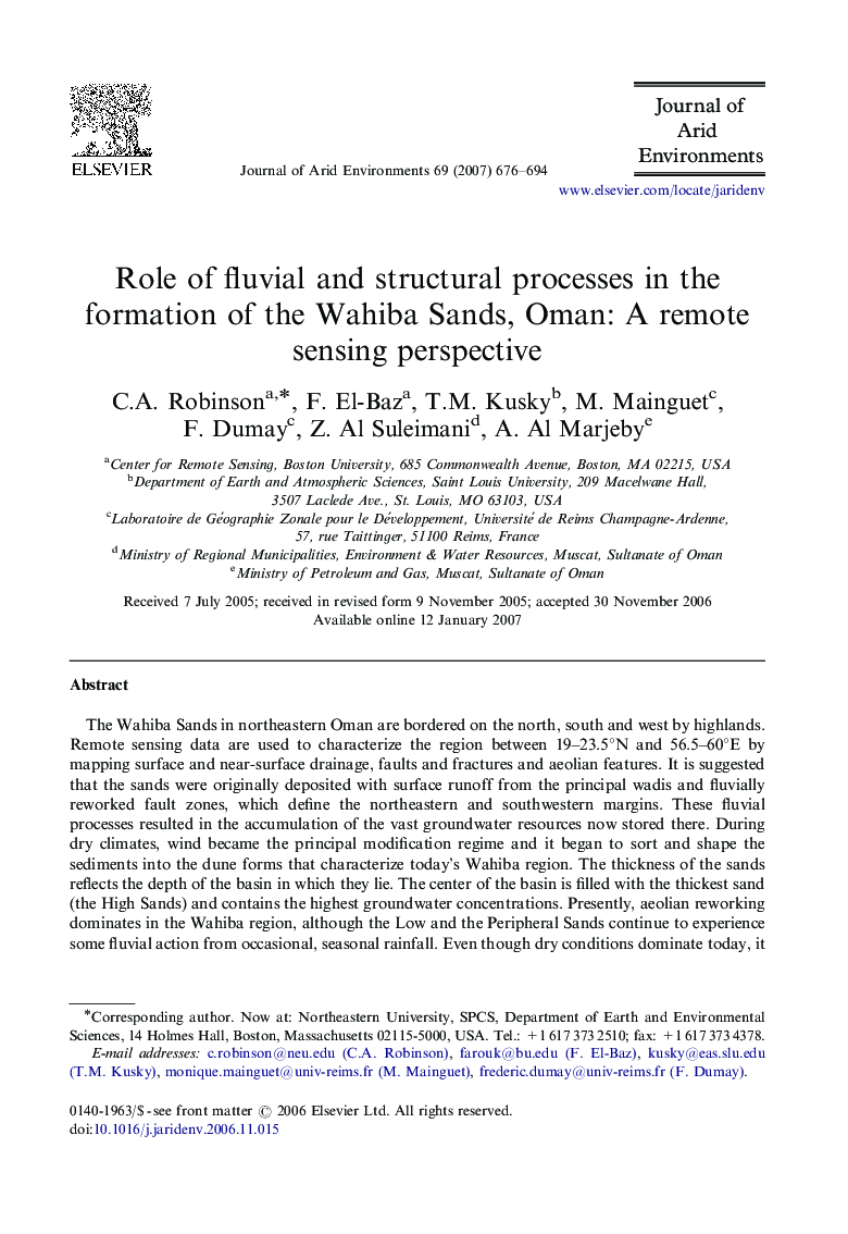 Role of fluvial and structural processes in the formation of the Wahiba Sands, Oman: A remote sensing perspective