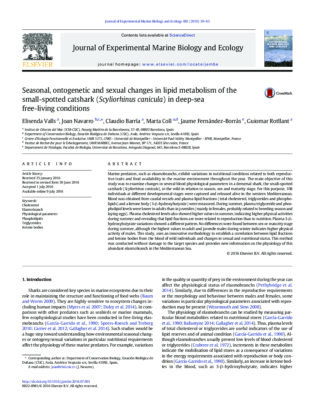 تغییرات فصلی، آنتوگنینیک و جنسی در متابولیسم لیپید کاسکاک کوچک (Scyliorhinus canicula) در شرایط زندگی آزاد عمق دریا 